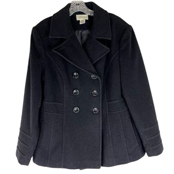 St John’s Bay Pea Coat Women’s L Black Cashmere Wool Nylon Double Breasted - Picture 1 of 11